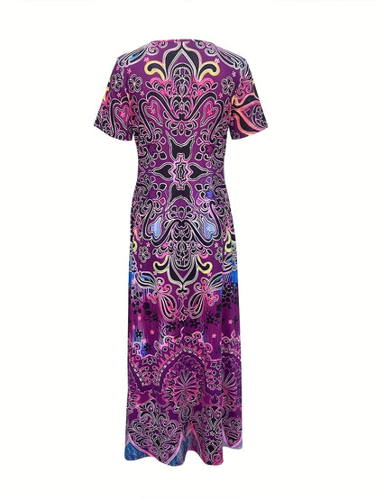 Bohemian V-Neck Maxi Dress - Floral Design - Soft Fabric - Casual & Festive Wear