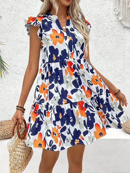 Vibrant Floral Print A-Line Dress - Notch Neck, Flutter Sleeve, Casual Chic, Spring & Summer Essential, Women's Clothing for Everyday Wear