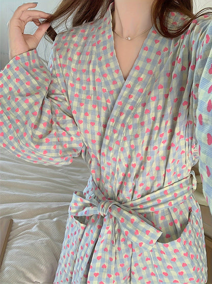 Elegant Heart Plaid V-Neck Chic Robe - Soft Polyester & Spandex Blend, Long Sleeve Mid-Length Sleepwear with Collar Styling, Woven Lightweight Nightgown & Sleepshirt for Women's Spring/Summer/Fall Comfort - Perfect for Lounging and Relaxation