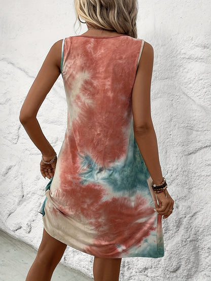 Vibrant Geometric Tie Dye Fitted Dress - Elegant Crew Neck, Sleeveless, Micro Elastic Polyester, Random Printing, Perfect for Spring and Summer - Womens Casual Loose Dress for Adult