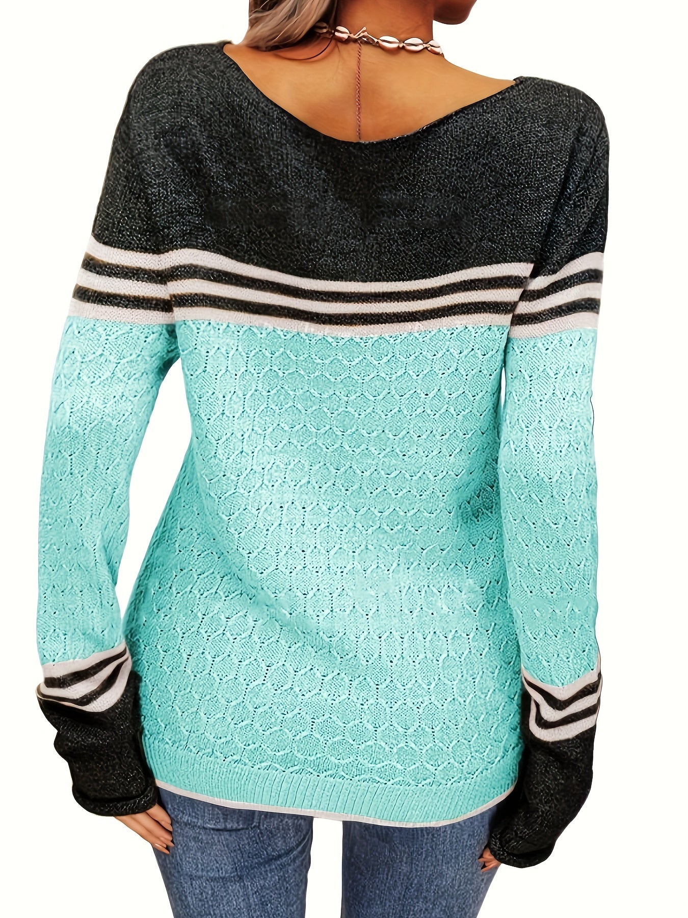 Cozy Autumn Winter Colorblock Pullover Sweater - Round Neck, Striped, Slim Fitting, Soft Knitwear Top for Women - Perfect for Casual Daily Wear, Outdoor Activities, and Layering Under Jackets