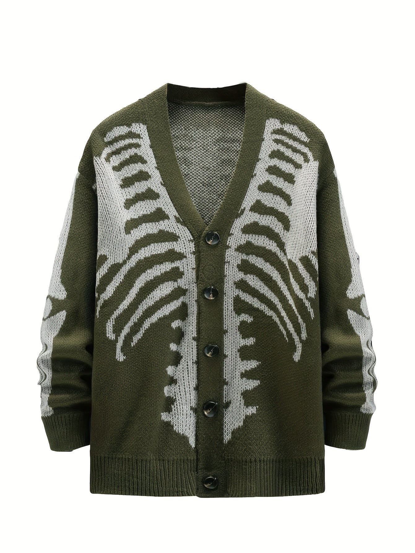 Plus Size Mens Skeleton Print Long Sleeve V Neck Button Down Cardigan Sweater - Soft Medium Stretch Fabric, Regular Fit, Long Length, and Acrylic Lining - Perfect for Fall and Winter Casual Street Wear