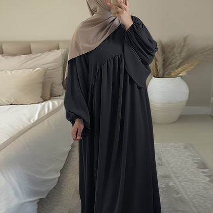 Stunning Ruffle Hem Maxi Dress - Elegant Lantern Sleeves, Modest Loose Fit, Solid Color, Women's Clothing for Everyday Elegance