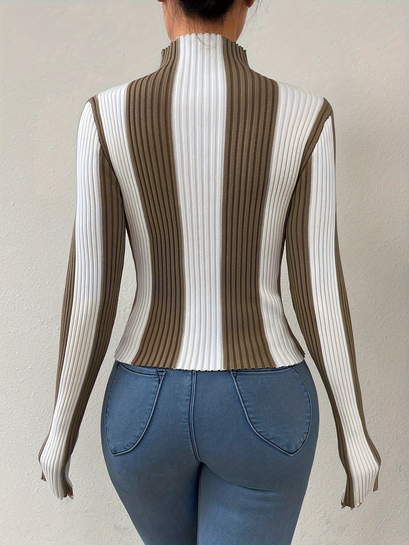 Vibrant Stripe Color Block Sweater - Soft High Stretch Viscose Fabric, Funnel Neck, Long Sleeve, Slim Fit, Versatile for Spring & Fall, All Seasons Wear, Middle East Style Womens Clothing