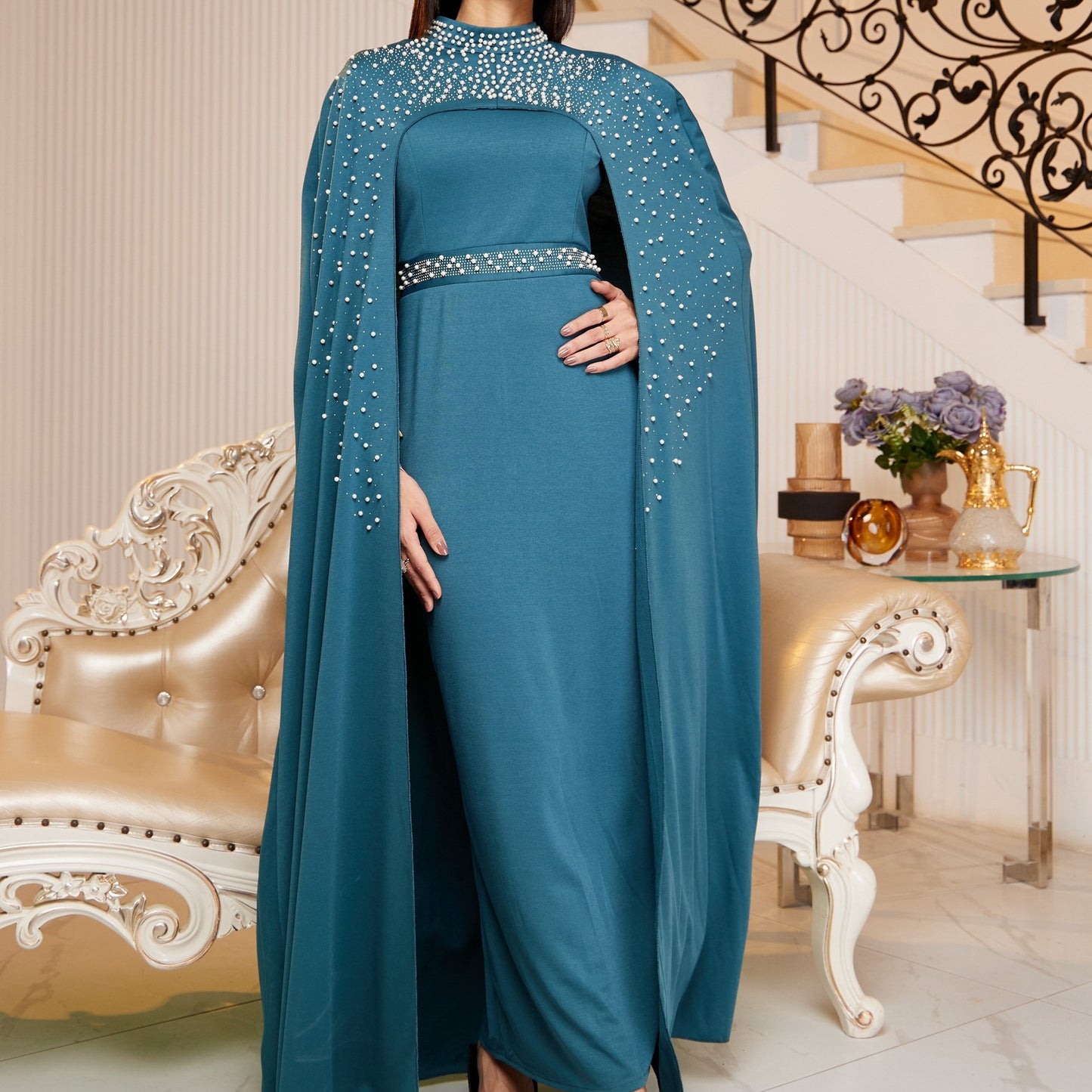 Chic Solid Beaded Womens Clothing Set - Mock Neck Keyhole Maxi Dress with Flowing Cloak - Versatile & Elegant Outfit for Special Occasions