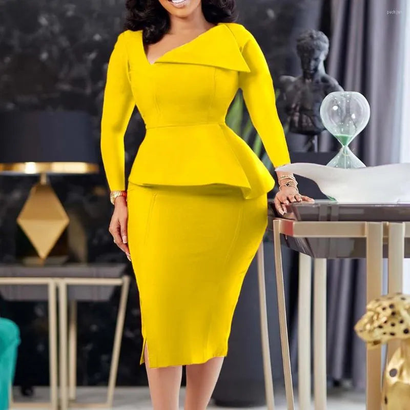 Casual Dresses Office For Women Regular Size Full Sleeve High Waisted V Neck Sheath Mid Calf Formal Business Work Wear Dress Midi