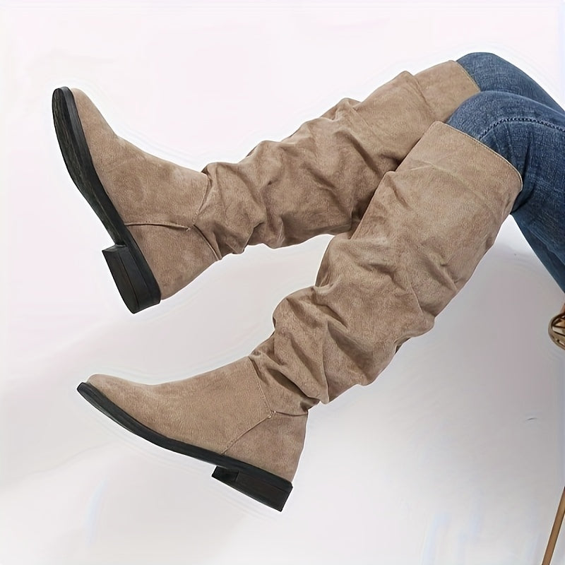 Women's Slouch Knee High Boots, Comfortable Square Toe Pull On Long Boots, All-Match Suedette Boots