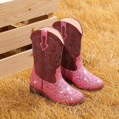 Girls Trendy Cool Cowgirl Boots, Cute Shiny Sequin Dress Boots For Party Holiday Performance