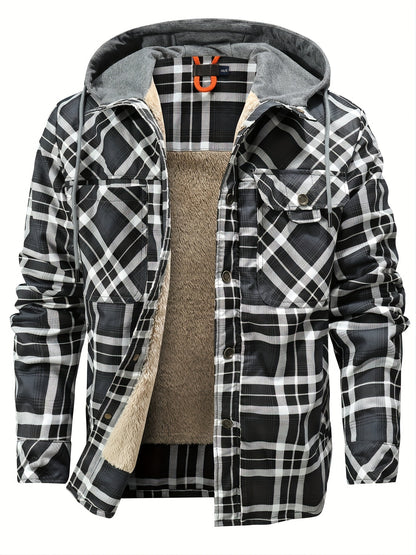 Mens Plaid Quilted Hooded Jacket with Luxurious Sherpa Lining - Stylish Casual Button Down Design - Ultra-Cozy Fleece Winter Coat for Premium Warmth and Fashionable Outerwear