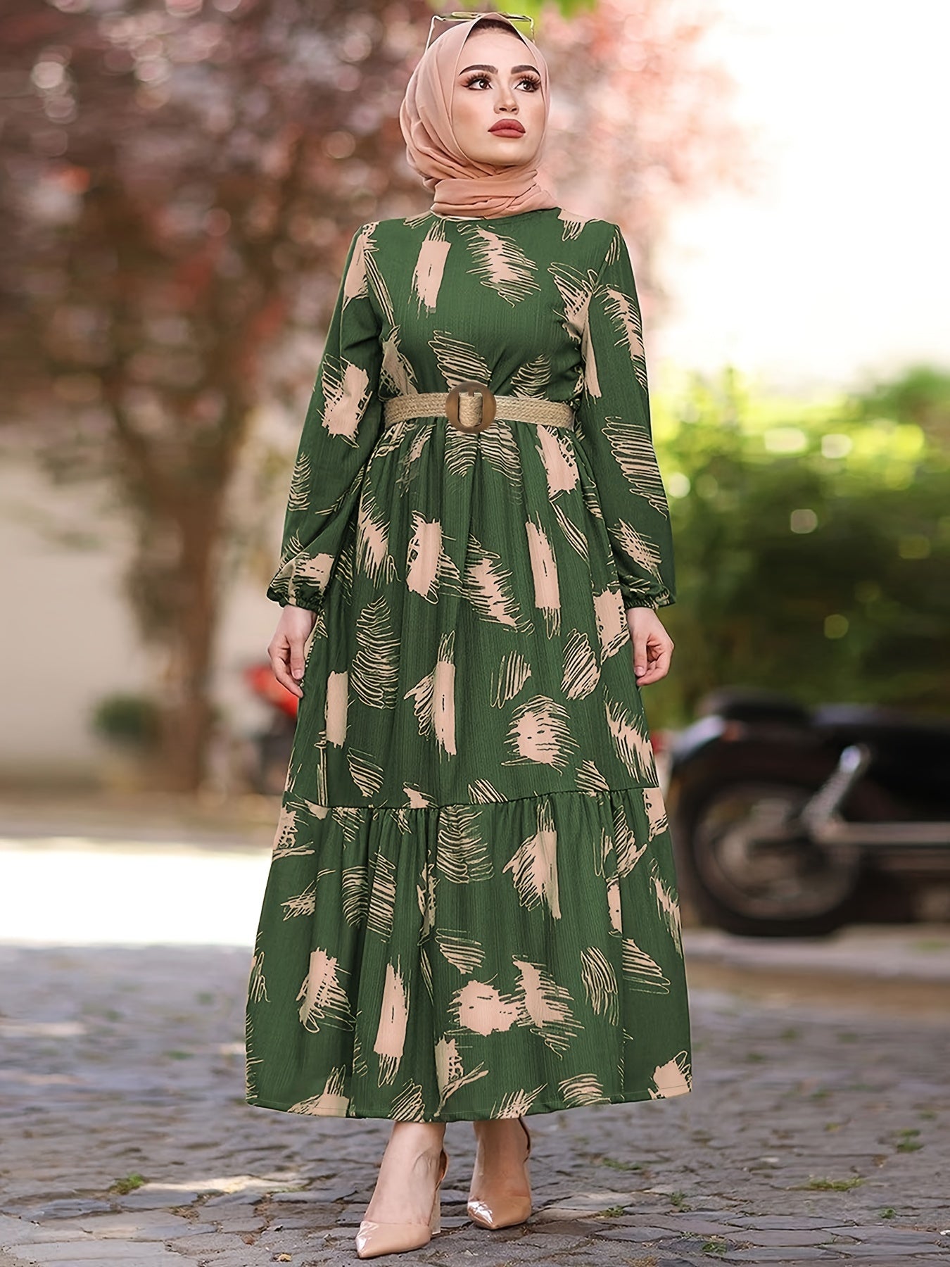 Ramadan All Over Print Crew Neck Kaftan, Casual Long Sleeve Maxi Dress, Women's Clothing