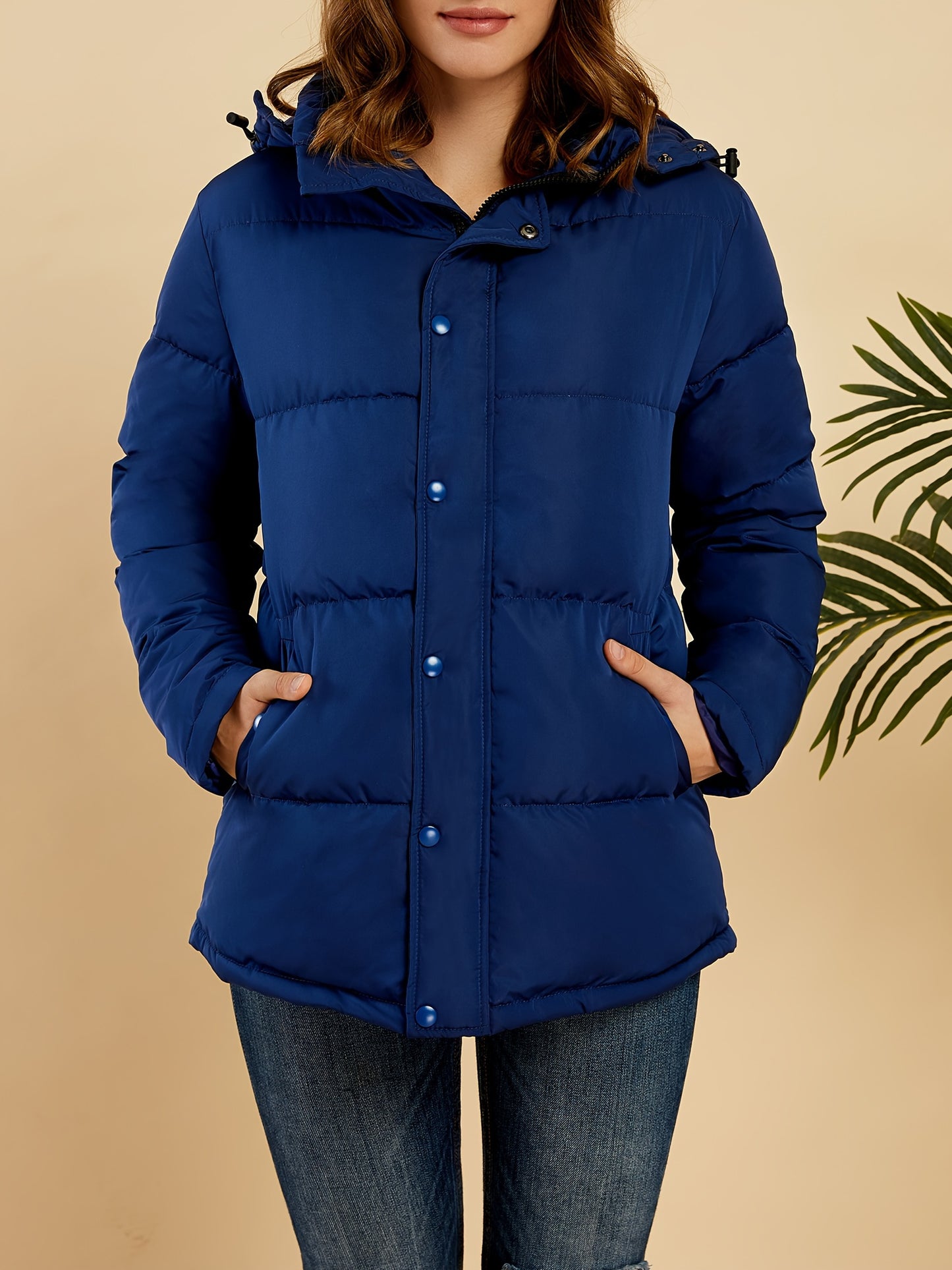 Womens Chic Hooded Button-Front Coat - Solid Color, Long Sleeve Winter Warmth - Durable Outerwear for Casual Style