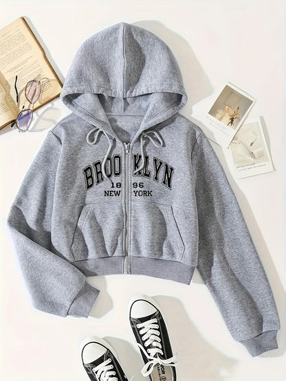 Letter Print Hooded Jacket - Soft Fleece Lined, Adjustable Drawstring Waistband, Full-Length Zipper Closure, Stylish Hood - Designed for Active Women, Perfect for Fall and Winter Seasons