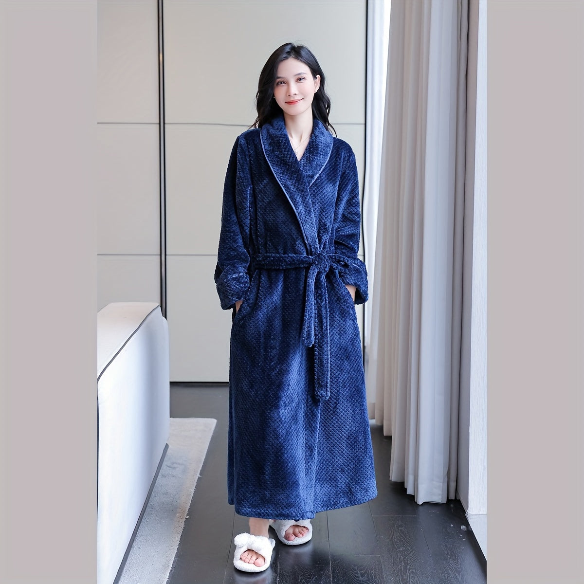 1pc Plush Women's Flannel Bathrobe - Soft, Thick, and Long Sleeve Loungewear for Autumn and Winter - Cozy Bathroom Supplies for Home Relaxation