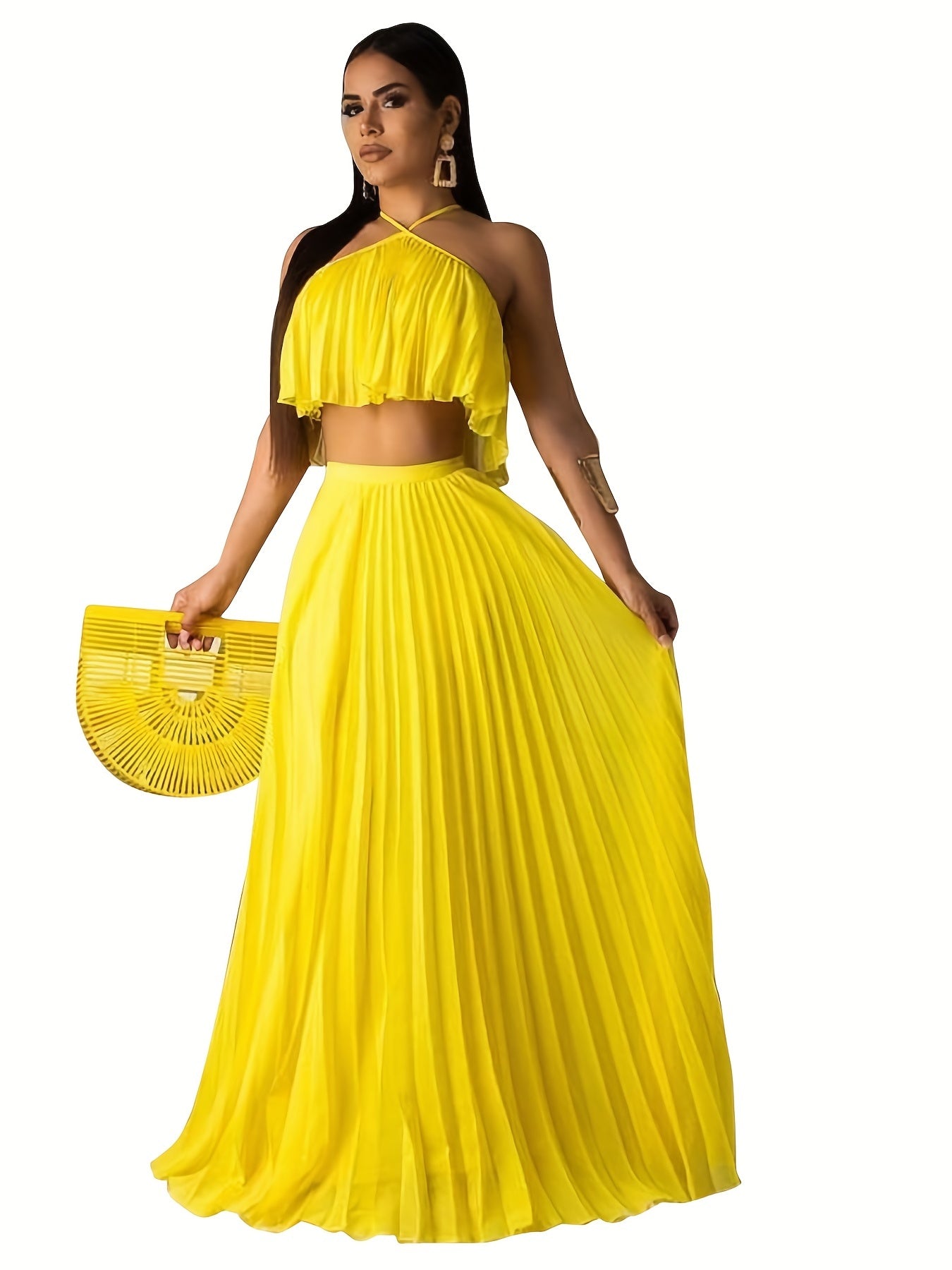 Solid Pleated Two-piece Set, Sleeveless Cropped Cami Top & High Waist Maxi Skirts Outfits, Women's Clothing