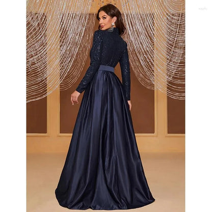 Casual Dresses Spring Autumn Fashion Elegant Women Long Sleeve Blue Sequined Cocktail Formal Occasion Evening Party Maxi Ladies