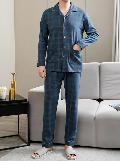 Mens Soft Cotton Plaid Pajama Set - Cozy Button-Down Top & Trousers - Perfect for Spring & Autumn - Warm, Breathable, and Stylish Home Wear for Dads