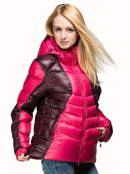 Womens Stylish Two-Tone Long Down Jacket - Insulated Warm Puffy Coat with Hood - Quilted Zipper Front Comfortable Outwear for Winter