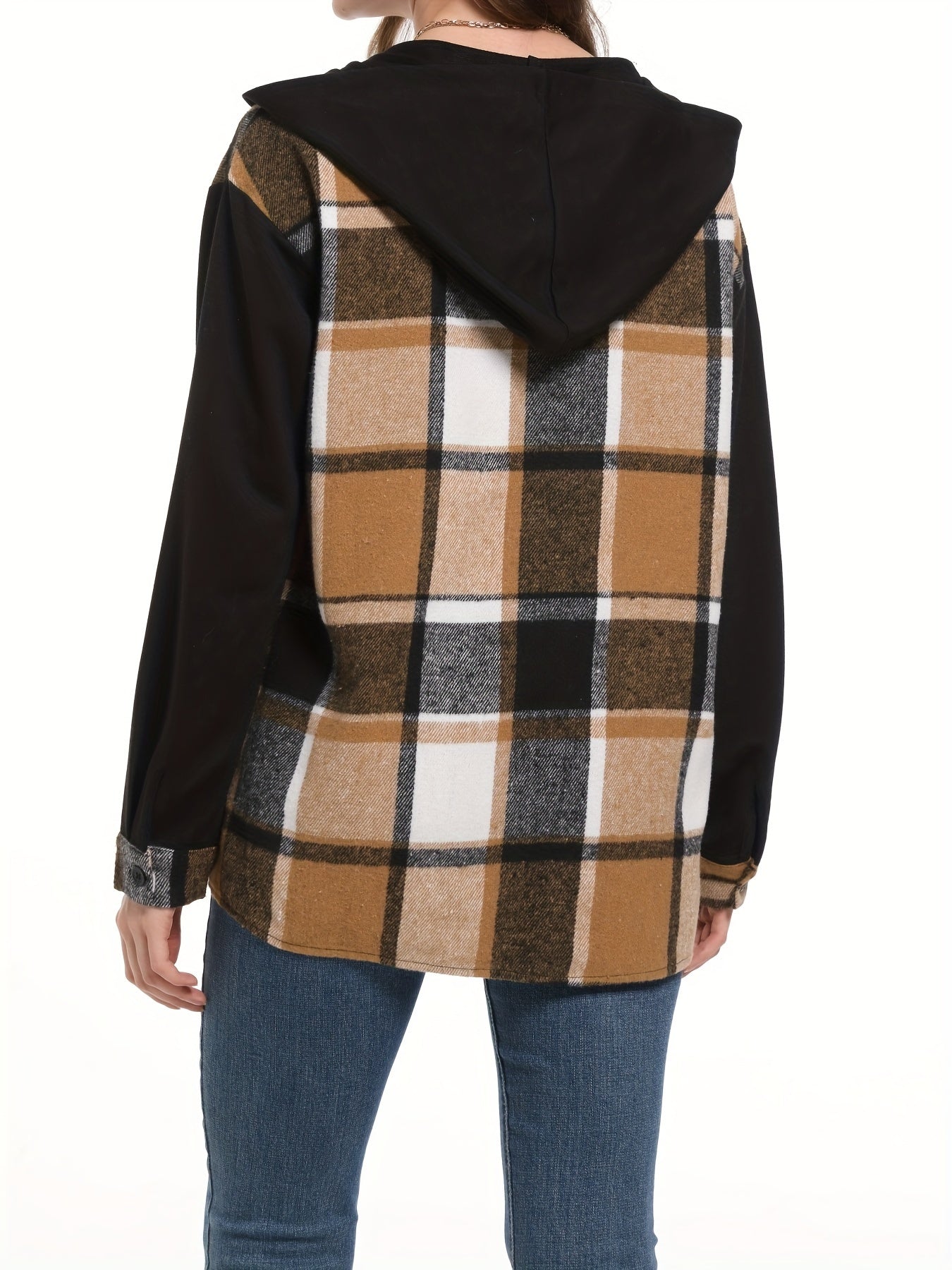 Trendy Plaid Hooded Jacket - Stylish Button Front Design, Long Sleeve Outerwear for Women - Comfortable & Versatile Print Clothing