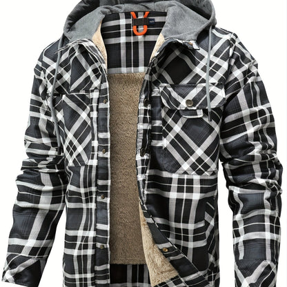 Mens Plaid Quilted Hooded Jacket with Luxurious Sherpa Lining - Stylish Casual Button Down Design - Ultra-Cozy Fleece Winter Coat for Premium Warmth and Fashionable Outerwear