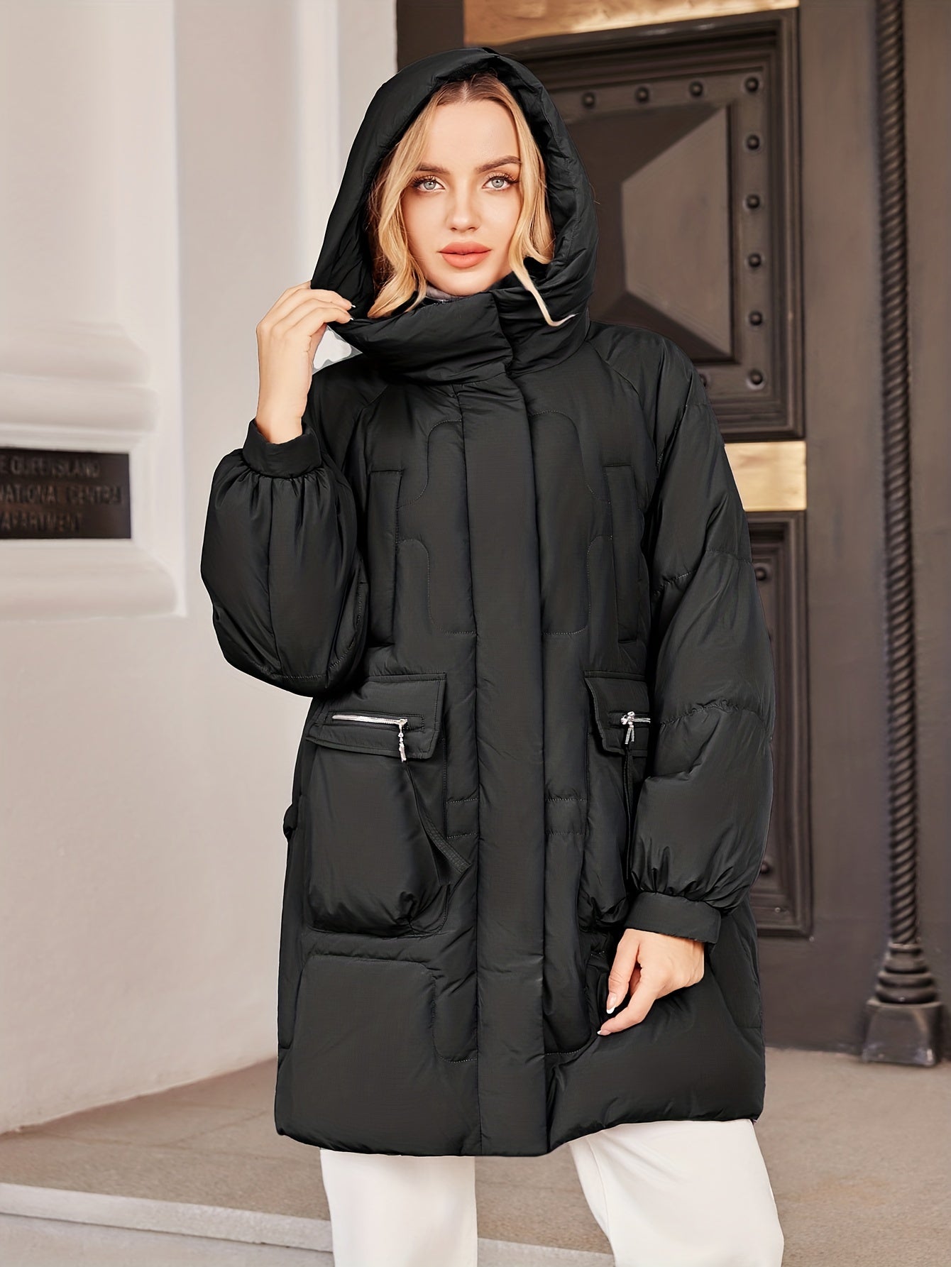 Pocket Front Warm Hooded Coat, Casual Solid Long Sleeve Winter Outerwear, Women's Clothing