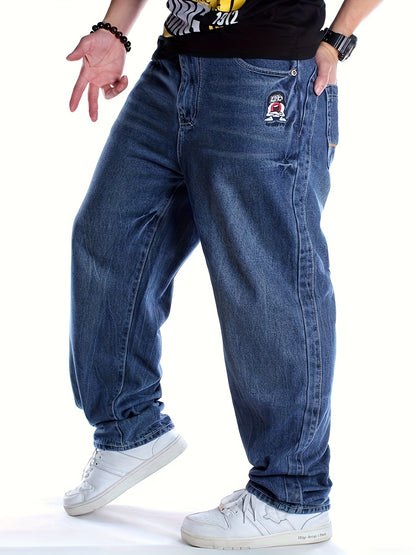 Plus Size Mens Hip Hop Jeans - Relaxed Fit, Embroidered, Long, Non-Stretch, Cotton Blend, Solid Color, Straight Leg, Casual Street Dance Skateboarding Pants for All Seasons