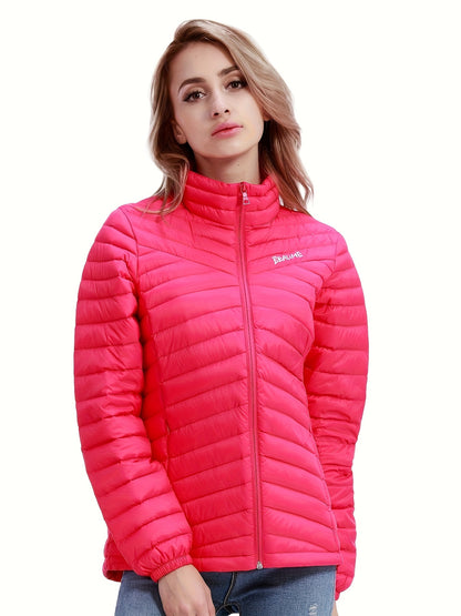 Womens Stylish Letter Embroidered Winter Jacket - Warm Thermal Insulation, Elastic Cuffs, Full Zip, Packable Down Coat for Ultimate Comfort and Convenience