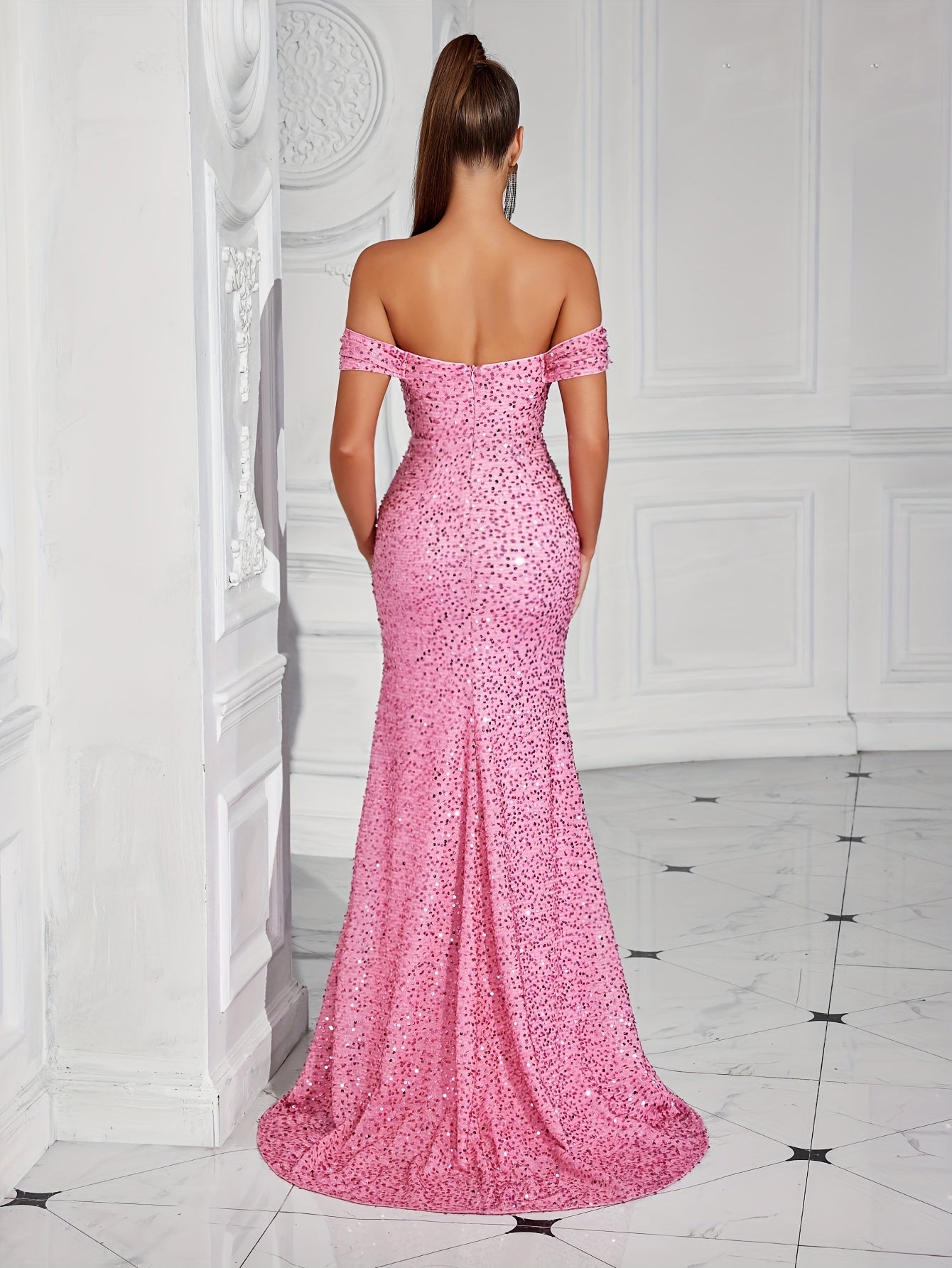 Elegant Off-the-Shoulder Sequin Bridesmaid Dress - Floor-Length, Backless, Split Thigh, Single Color, Slim Fit - Perfect for Wedding, Formal Occasions, and Special Events