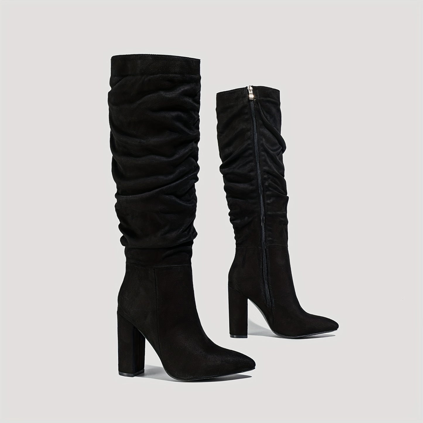 Women's Solid Color Winter Boots, Side Zipper Comfy Chunky Heel High Knee Boots, Point Toe Plush Trendy Boots