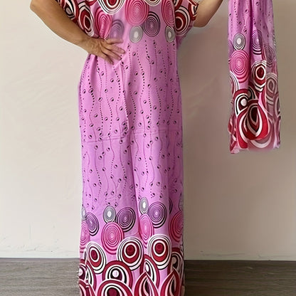 Long Floral Vintage Tunic Maxi Dress - Crew Neck, Batwing Sleeve, Machine Washable, Woven Acetate Fabric, All-Season, Elegant Cover-Up for Women - Middle East Inspired, No Elasticity, No Dry Clean