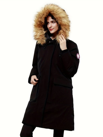 Women's Mid-length Down Parka Jacket, Windproof Insulated Thermal Winter Hooded Coat With Pocket