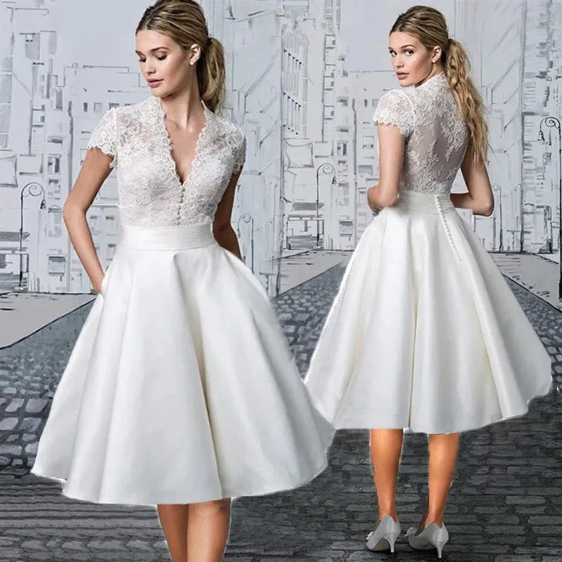 Wedding Dresses Formal Woman Elegant White Bridal Gown V-Neck Lace Appliques Button A-Line Party Evening Vestidos 240424