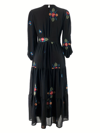 Casual Elegance Year-Round: Maxi Floral Tie-Front Dress with Easy-Care Fabric & Chic Color Block Design