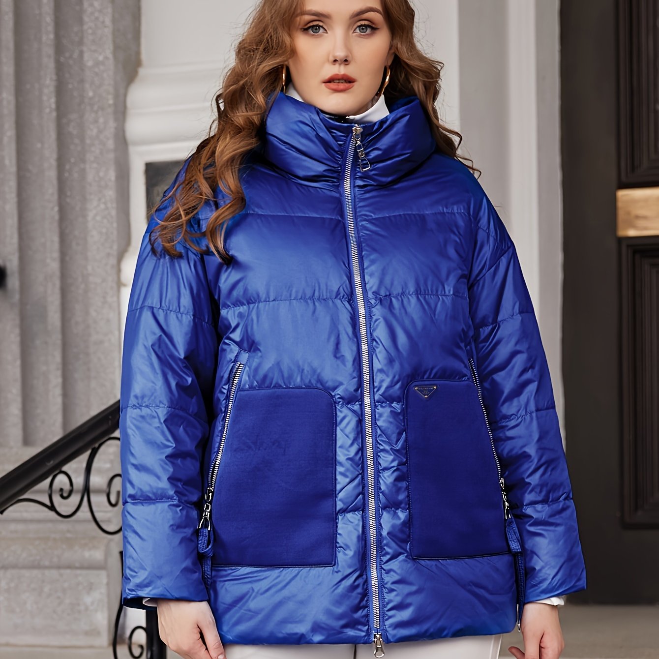 Plus Size Casual Coat, Women's Plus Solid Stitching Quilted Long Sleeve Zip Up Hooded Puffer Coat With Pockets