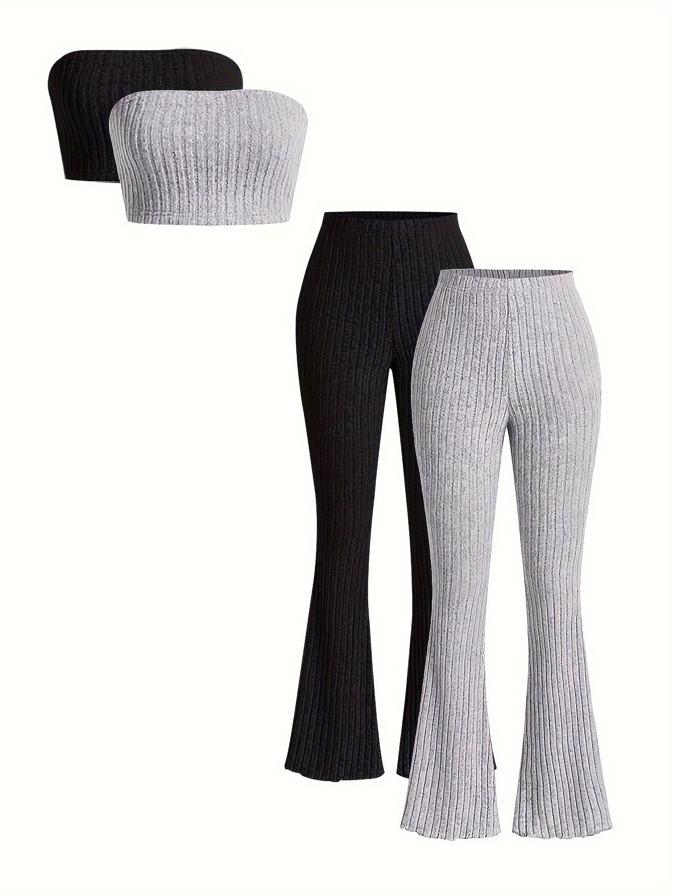 2 Packs Chic Solid Crop Tube Top & Flare Leg Pants Outfits - Comfortable Two-Piece Sets for Women - Casual Wear, Summer Fashion, Daily Life Essentials