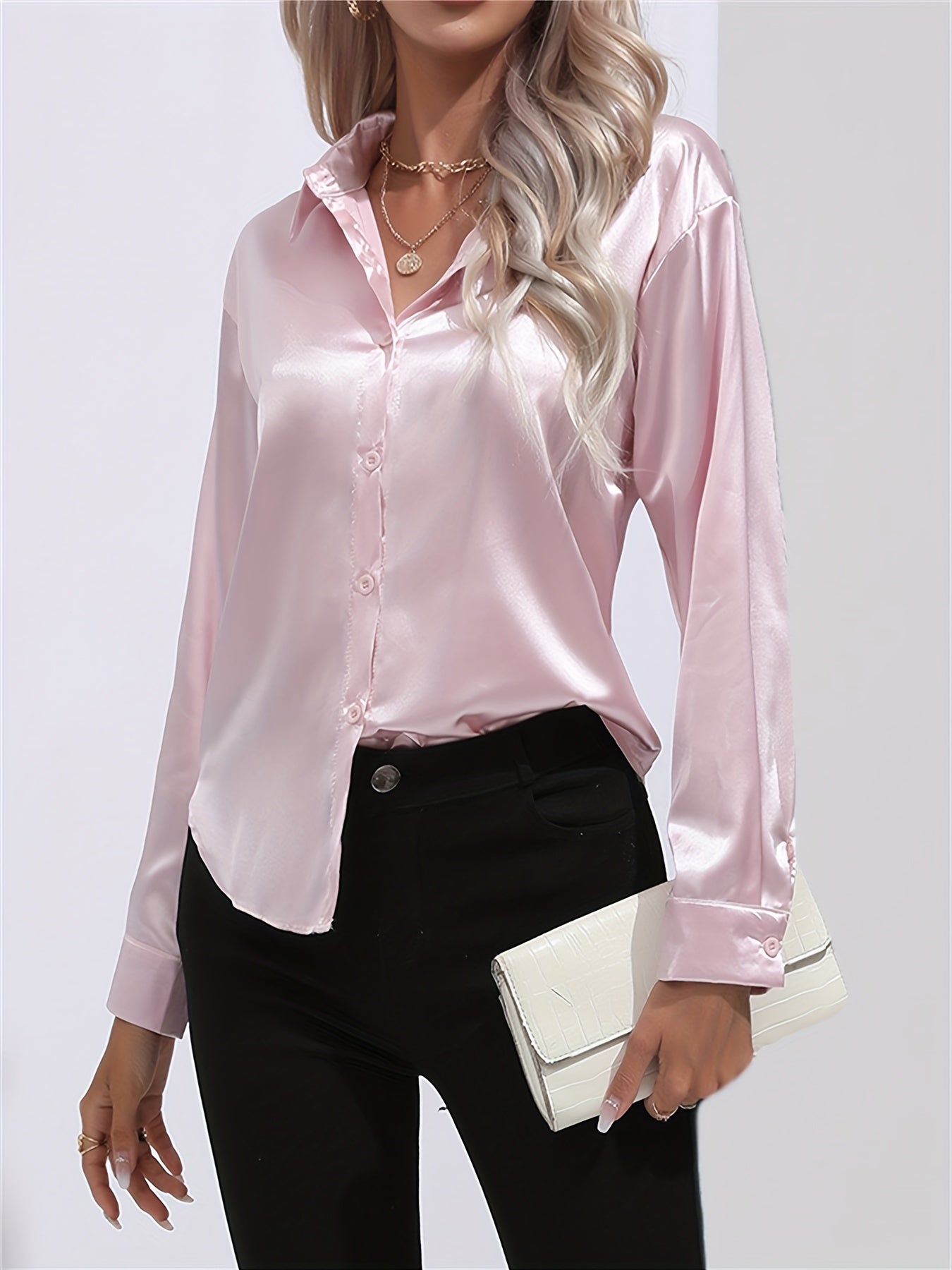 Effortlessly Chic Women's Casual Shirt: Long Sleeve, Solid Color, Lapel Collar, Dipped Hem, Micro-Elastic Fabric