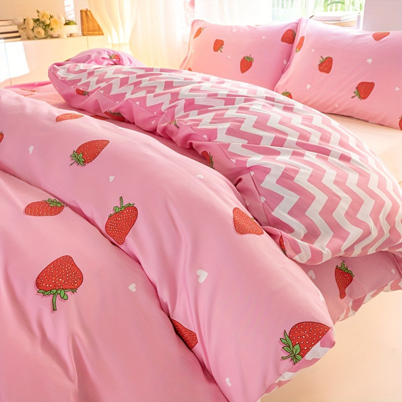 3pcs Strawberry Print Duvet Cover Set - Soft, Breathable Polyester Bedding With Zip Closure For All Seasons - Includes 1 Duvet Cover & 2 Pillowcases (No Insert)