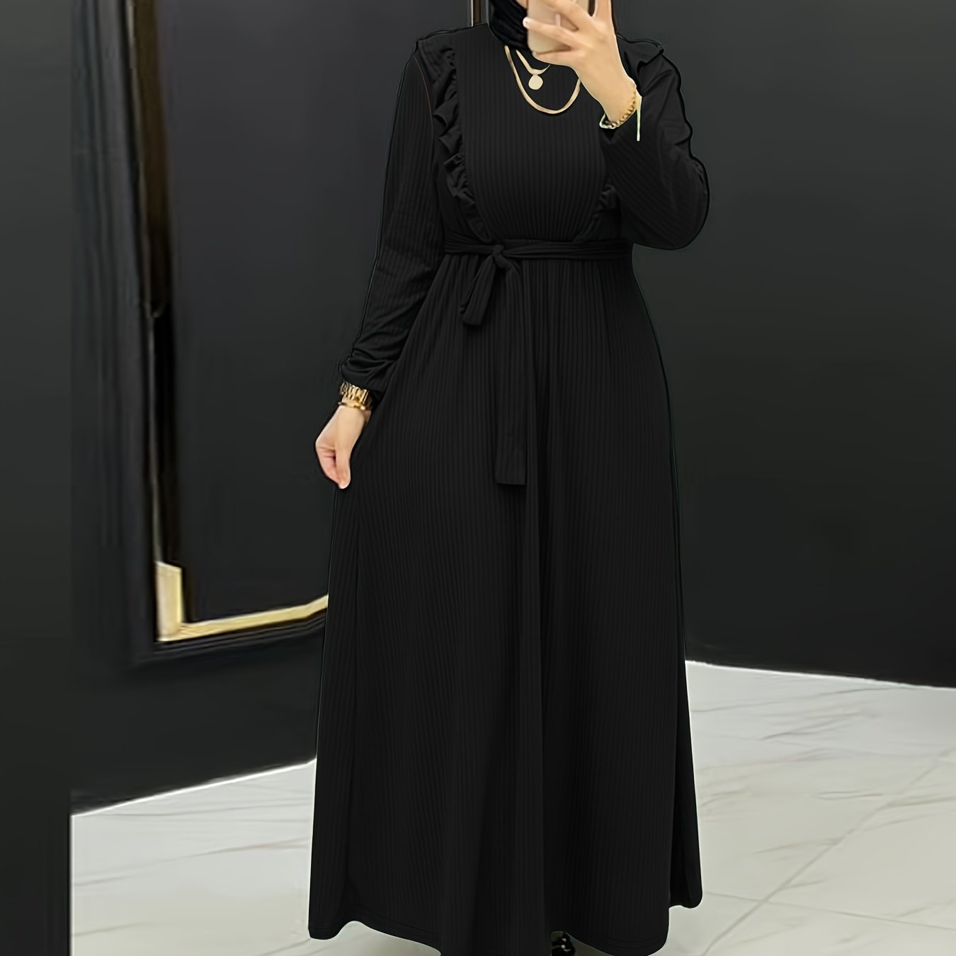 Chic Ruffle Solid Color Abaya Dress - Timeless Crew Neck, Full-Sleeve Maxi Style - Premium Modest Womens Fashion