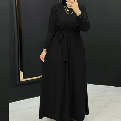 Chic Ruffle Solid Color Abaya Dress - Timeless Crew Neck, Full-Sleeve Maxi Style - Premium Modest Womens Fashion