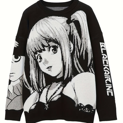 Womens Charming Anime Graphic Sweater - Soft Knit Long Sleeve Crew Neck - Bold Letter Print Pullover - Trendy Casual Fashion for Everyday Wear