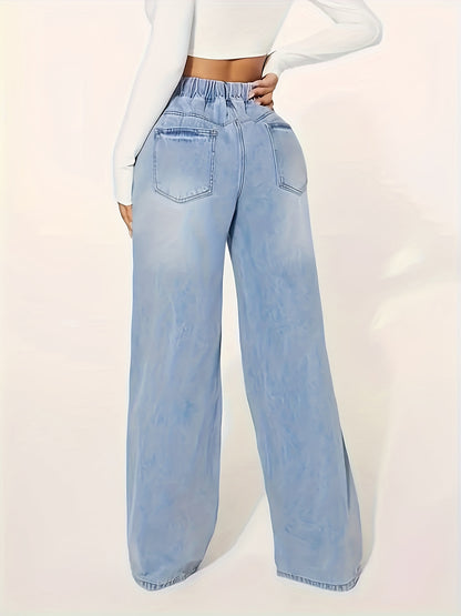 Long Length Wide Leg Medium Stretch Denim Jeans - Soft, Comfortable, Versatile Drawstring Waist Trouser Pants for Spring/Fall - Hand Wash, Customized Style, Solid Color, No Printing, All-Season Wear