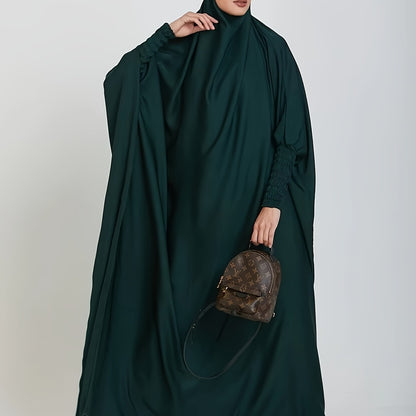 Muslim Long Batwing Sleeve Dress, Modest Solid Color Maxi Length Loose Hijab Kaftan Dress, Women's Clothing