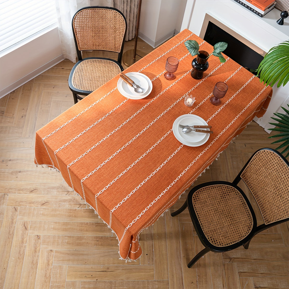 1pc Vibrant Orange Embroidered Stripe Rectangular Tablecloth - Cotton Blend Kitchen & Dining Table Linens with Pastoral Design for Room Decor and Dining Table Decoration