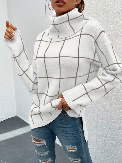 Women's Woolen Shirt - Grid Jacquard, High Pile Collar, Shoulder Long Sleeve, Loose Fit, Comfortable, Fashionable, Generous Half Long Slit, Autumn and Winter Wear