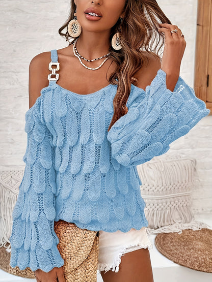 Cozy Cold Shoulder Pullover Top - Soft Solid Construction, Relaxed Fit, Flared Long Sleeves, Pointelle Knitted Pattern, Chain Accent, Perfect for Womens Casual Wear