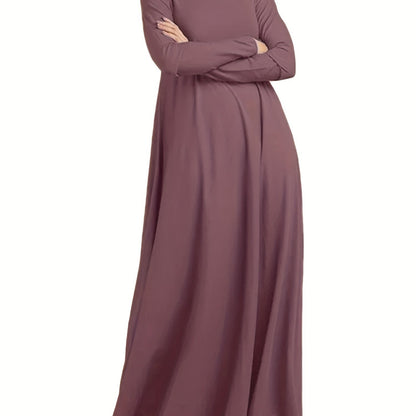 Ramadan Elegant Long Sleeve Solid Color Maxi Kaftan Dress - Comfortable Micro Elastic Polyester Fabric, Casual Turtle Neck Design, Two Pockets, Regular Fit, Middle East Style - Perfect for All Seasons, Womens Clothing