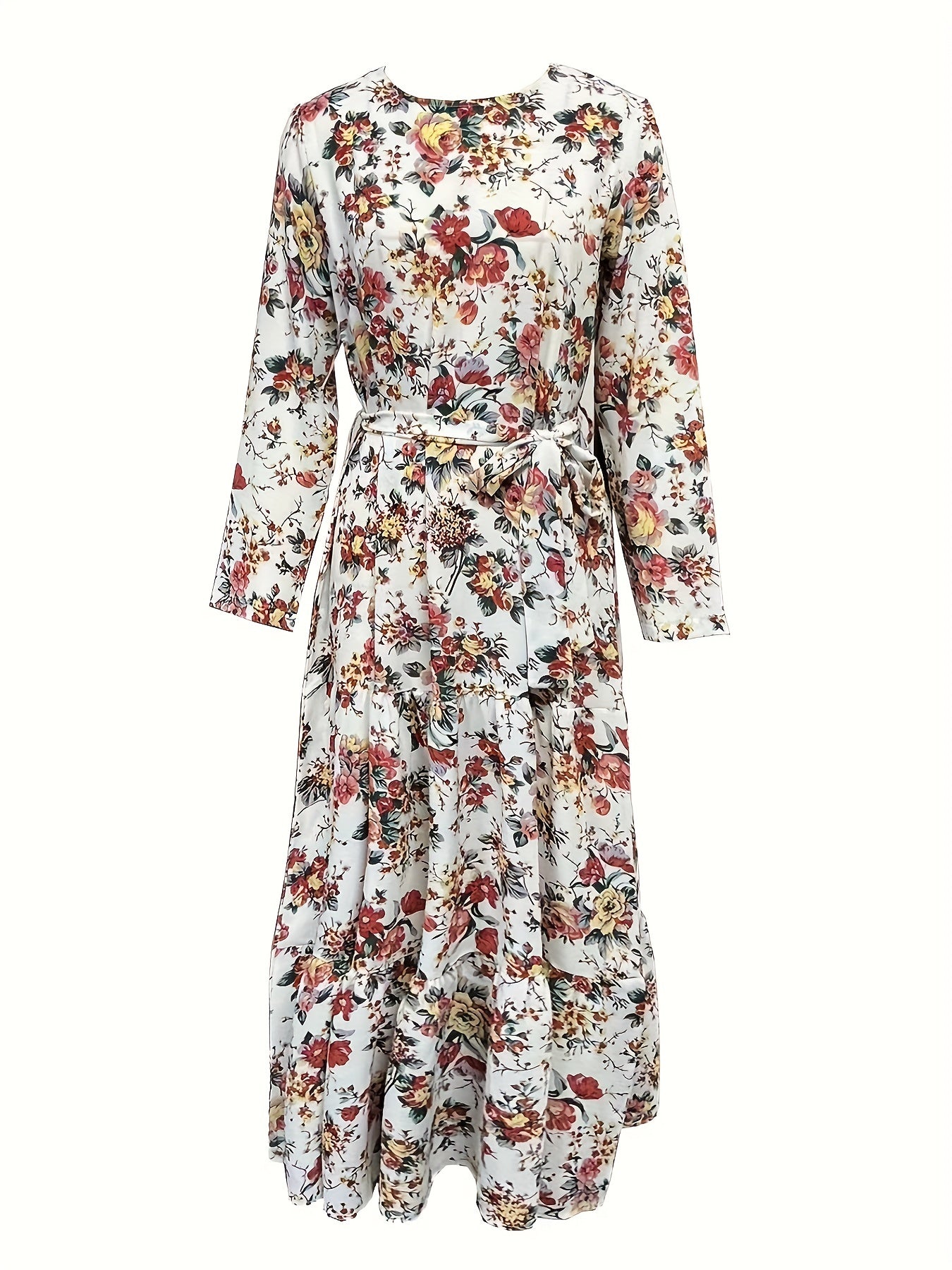 Ramadan Elegant Floral Print Crew Neck Long Sleeve Maxi Abaya - Polyester Woven, Machine Washable, No Sheer, No Elasticity, Random Printing - Perfect for Spring, Summer, and Fall Seasons