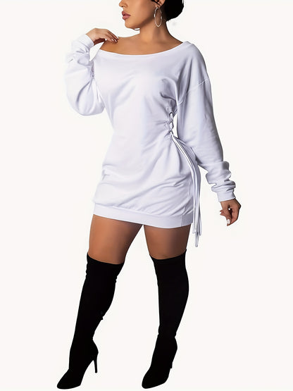 Long Sleeve Off The Shoulder Sweatshirt Dress - Drawstring Waist, Solid Color, Polyester Knit Fabric, Sexy and Casual, All-Season Wear for Women