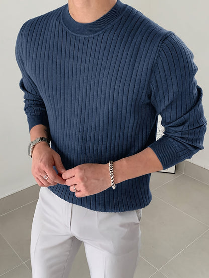 Men's Fashion Casual Crew Neck Long Sleeve Knit Sweater, Regular Fit Ribbed Pullover Tops For Spring And Fall