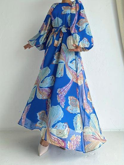 Floral Print Crew Neck Abayas Dress, Elegant Long Sleeve Maxi Length Dress, Women's Clothing