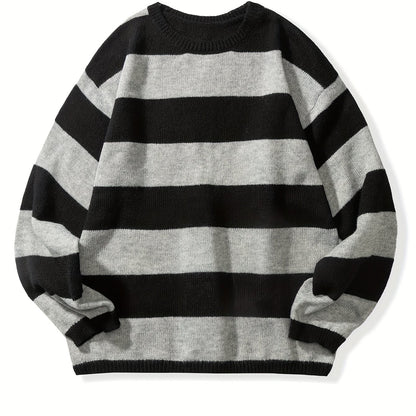 Retro Chic Knitted Sweater for Men - Soft, Warm, Slightly Stretchy Crew Neck Pullover with Preppy Striped Pattern for Fall and Winter - K-Pop Inspired, Casual, Comfortable, and Versatile